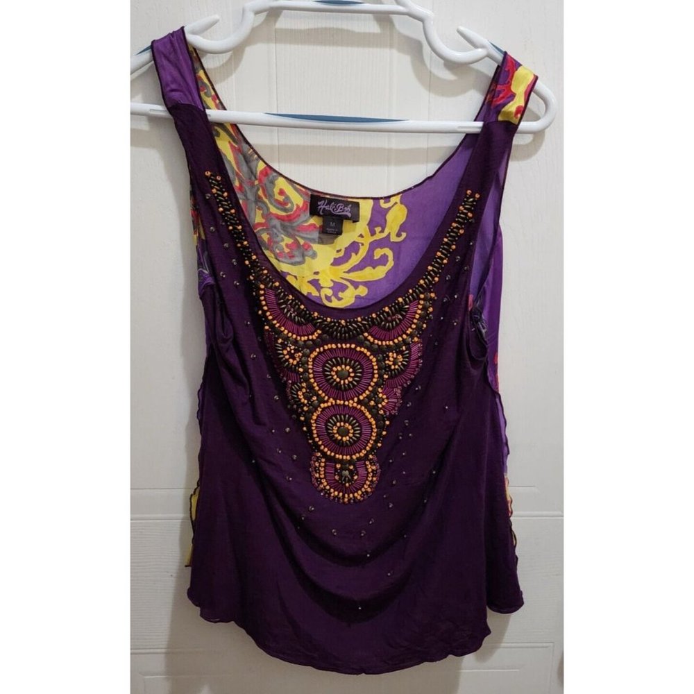 Hale Bob Women's Sleeveless Beaded Scoop Neck Blouse Top Silk Blend Size Medium